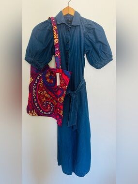 Ann Taylor Chambray Denim Midi Shirt Dress Puff Sleeve Belted Blue XSP with Bag